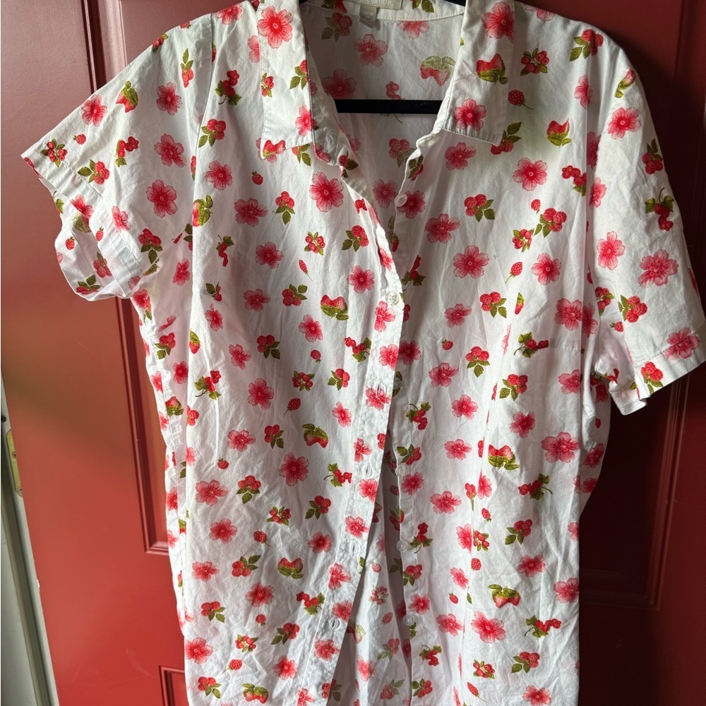 Woman Within White Button-Down Top with Pink Floral & Green Leaf Print